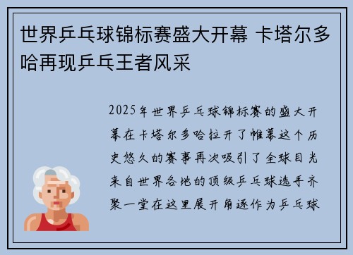 世界乒乓球锦标赛盛大开幕 卡塔尔多哈再现乒乓王者风采